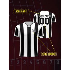 [Customizable Football Jersey] Customizable Breathable Kids' V-Neck Football Jersey | Black & White Stripes with Full-Body Print for Soccer, Sports & Casual Wear | Machine Washable, Spring/Fall, Sports Team Apparel, Comfortable Fit Shirt