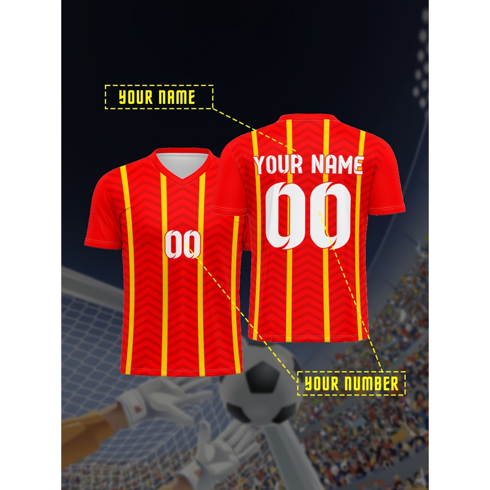 Customizable Youngsters' Soccer Jersey - V-Neck, Personalized Name & Number, Red and Yellow Striped, Comfortable Polyester, Ideal for Sports & Outdoor Activities