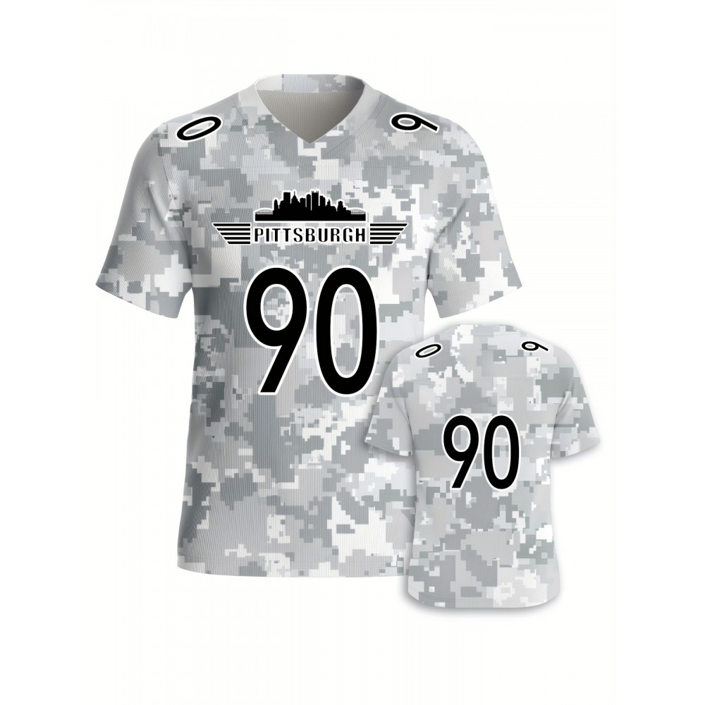 Men's Arctic Camo Pittsburgh #90 Polyester Football Jersey Men, Men V-Neck Sports Shirt With Slight Stretch, Breathable Casual Knit Fabric For All Seasons, Loose Fit Adult, Fans Gift Men, For Training Competition Festival Party Outdoor Sports