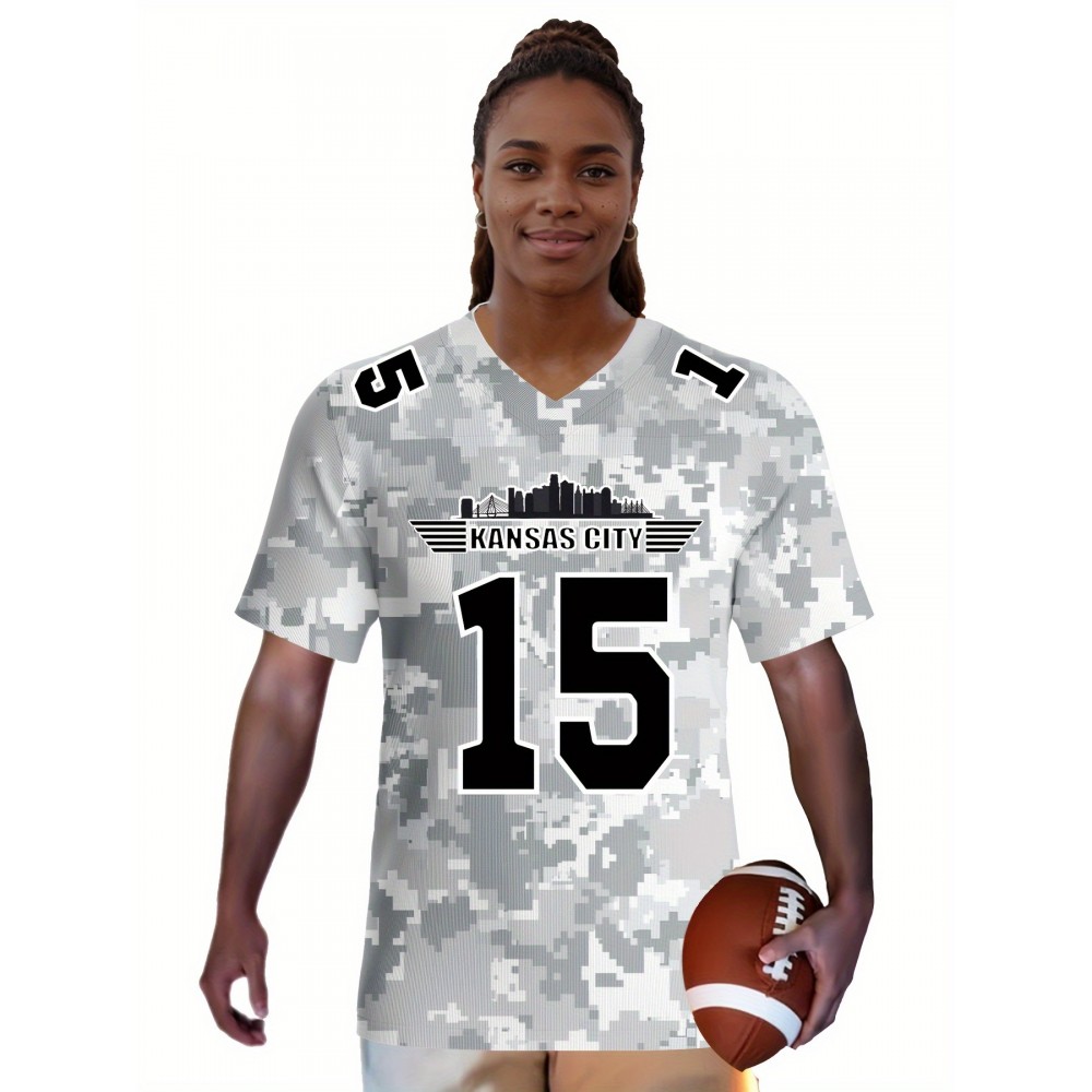 Large Size Women's Arctic Camo Kansas City #15 Polyester Football Jersey, Women V-Neck Game Day Sports Shirt With Slight Stretch, Breathable Casual Knit Fabric, Loose Fit Adult, Fans Gift Women, For Casual, Party, And Training Wear
