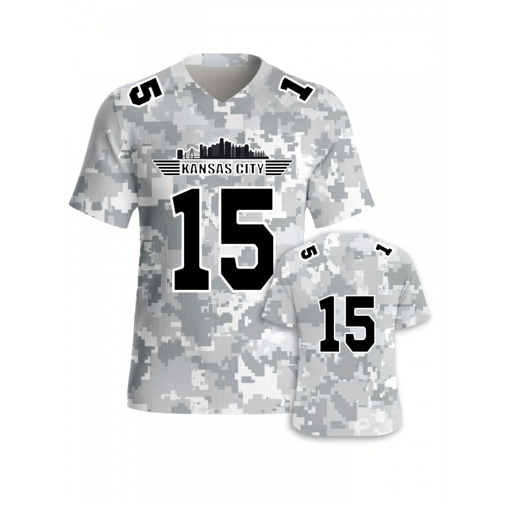 Men'S Arctic Camo Kansas City #15 Polyester Football Jersey, Men V-Neck Sports Shirt With Slight Stretch, Breathable Casual Knit Fabric For All Seasons, Loose Fit Adult, Fans Gift Men, For Training Competition Festival Party Outdoor Sports