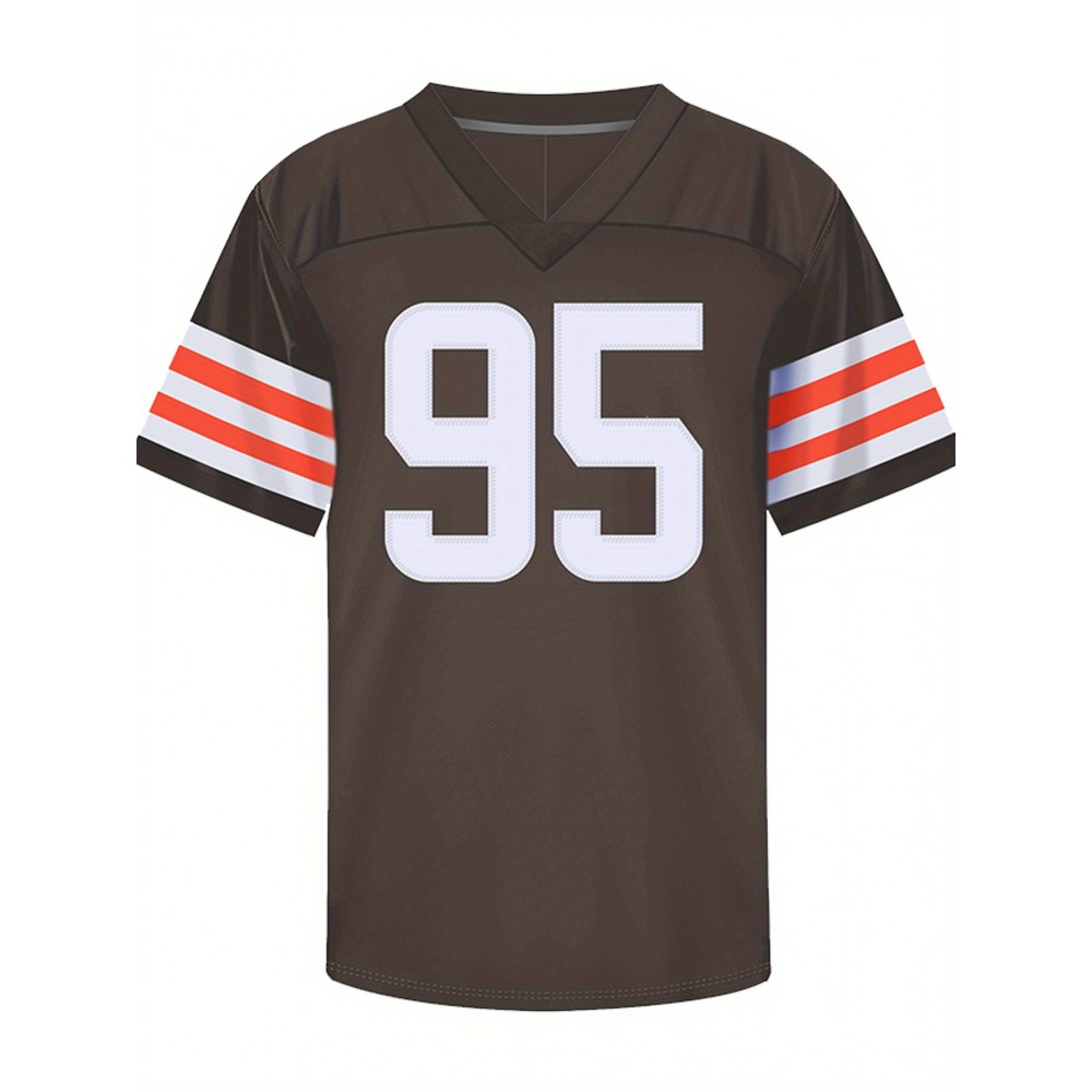 Men's Brown #95 Breathable Rugby Jersey - Embroidered American Football V-Neck Short Sleeve Shirt, Loose Fit All-Season Training & Casual Wear with Lettering Details, Machine Washable Sportswear for Men & Youths, Durable Sportswear
