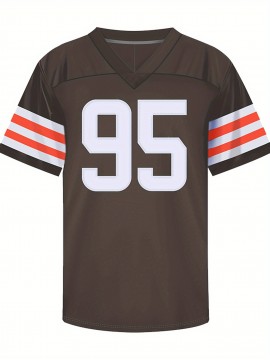 Men's Brown #95 Breathable Rugby Jersey - Embroidered American Football V-Neck Short Sleeve Shirt, Loose Fit All-Season Training & Casual Wear with Lettering Details, Machine Washable Sportswear for Men & Youths, Durable Sportswear