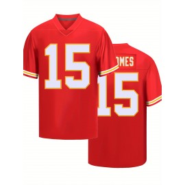 Men's Red #15 Embroidered Rugby Jersey - Loose Fit Breathable V-Neck Top for Sports, Casual & Streetwear | All-Season Machine Washable Athletic Shirt, Outdoor Clothing, Sporty Style, Embroidered Detailing