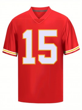 Men's Red #15 Embroidered Rugby Jersey - Loose Fit Breathable V-Neck Top for Sports, Casual & Streetwear | All-Season Machine Washable Athletic Shirt, Outdoor Clothing, Sporty Style, Embroidered Detailing