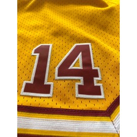 Men's Yellow # 14 Basketball Shorts, Classic Letter Embroidery Design, Breathable Button Style Short Sleeve Shirt, Suitable For Training And Competition