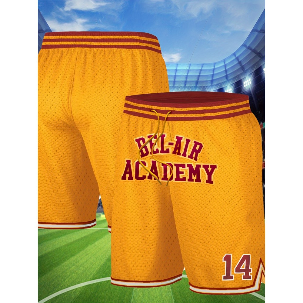 Men's Yellow # 14 Basketball Shorts, Classic Letter Embroidery Design, Breathable Button Style Short Sleeve Shirt, Suitable For Training And Competition