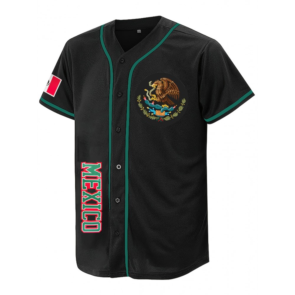 Men's Black Baseball Shirt, Classic Letter Embroidery Design, Breathable Button Style Short Sleeved Shirt, Suitable For Training And Games