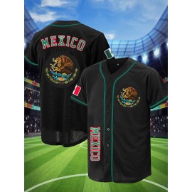 Men's Black Baseball Shirt, Classic Letter Embroidery Design, Breathable Button Style Short Sleeved Shirt, Suitable For Training And Games