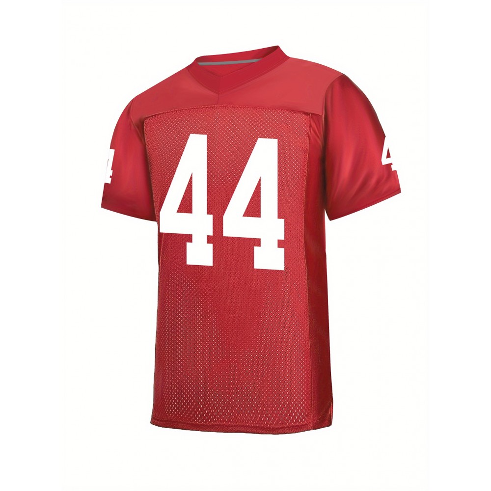 Men's Red #44 Embroidered Rugby Jersey - Loose Fit, Breathable Mesh Fabric, V-Neck Sports Top for Casual & Athletic Wear