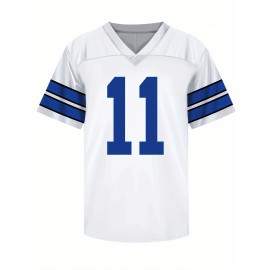 Men's White #11 Embroidered Rugby Jersey - Loose Fit Breathable V-Neck Top with Blue Numerals & Lettering, All-Season Casual & Sports Wear for Outdoor Activities, Running, Gym - Machine Washable, Sporty Streetwear, Comfortable Fit