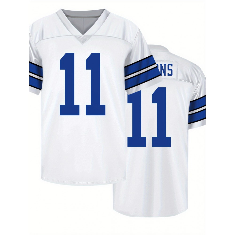 Men's White #11 Embroidered Rugby Jersey - Loose Fit Breathable V-Neck Top with Blue Numerals & Lettering, All-Season Casual & Sports Wear for Outdoor Activities, Running, Gym - Machine Washable, Sporty Streetwear, Comfortable Fit