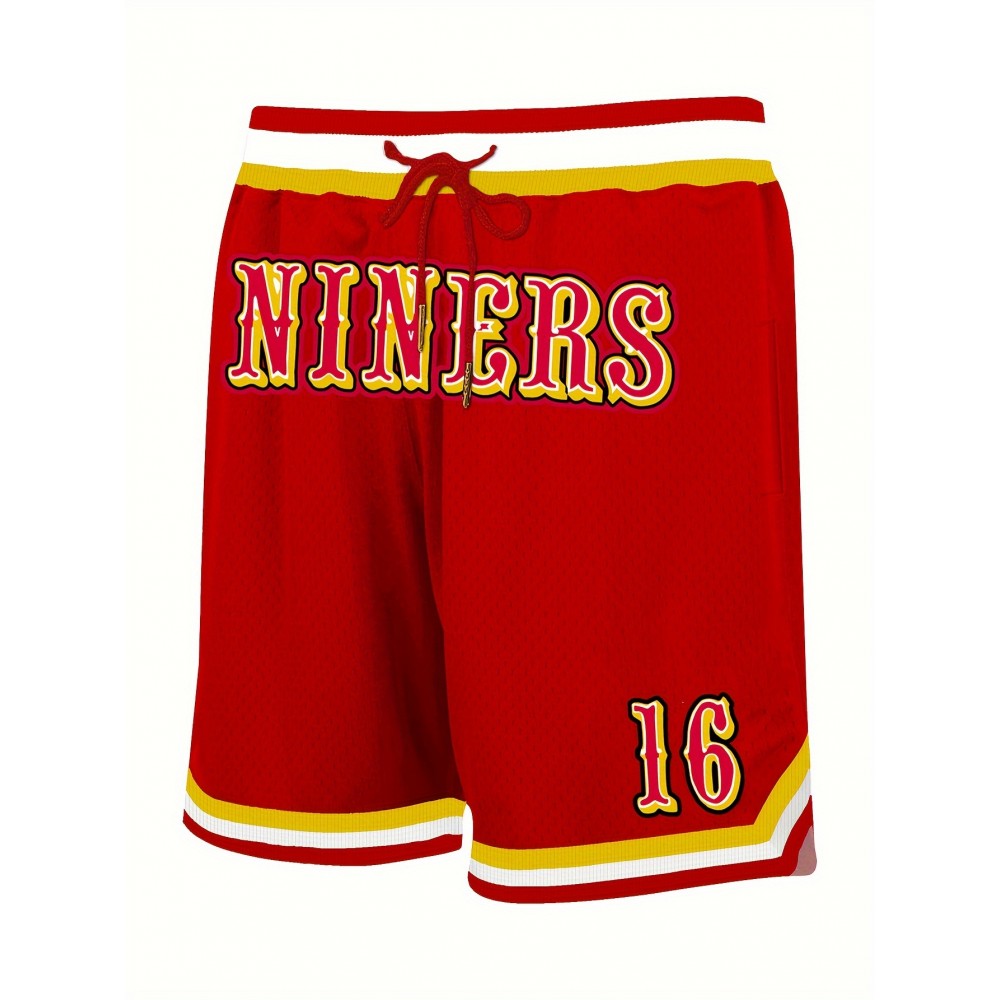 Men's Red # 16 Basketball Shorts, Classic Letter Embroidery Design, Breathable Button Style Short Sleeve Shirt, Suitable For Training And Competition