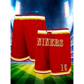 Men's Red # 16 Basketball Shorts, Classic Letter Embroidery Design, Breathable Button Style Short Sleeve Shirt, Suitable For Training And Competition