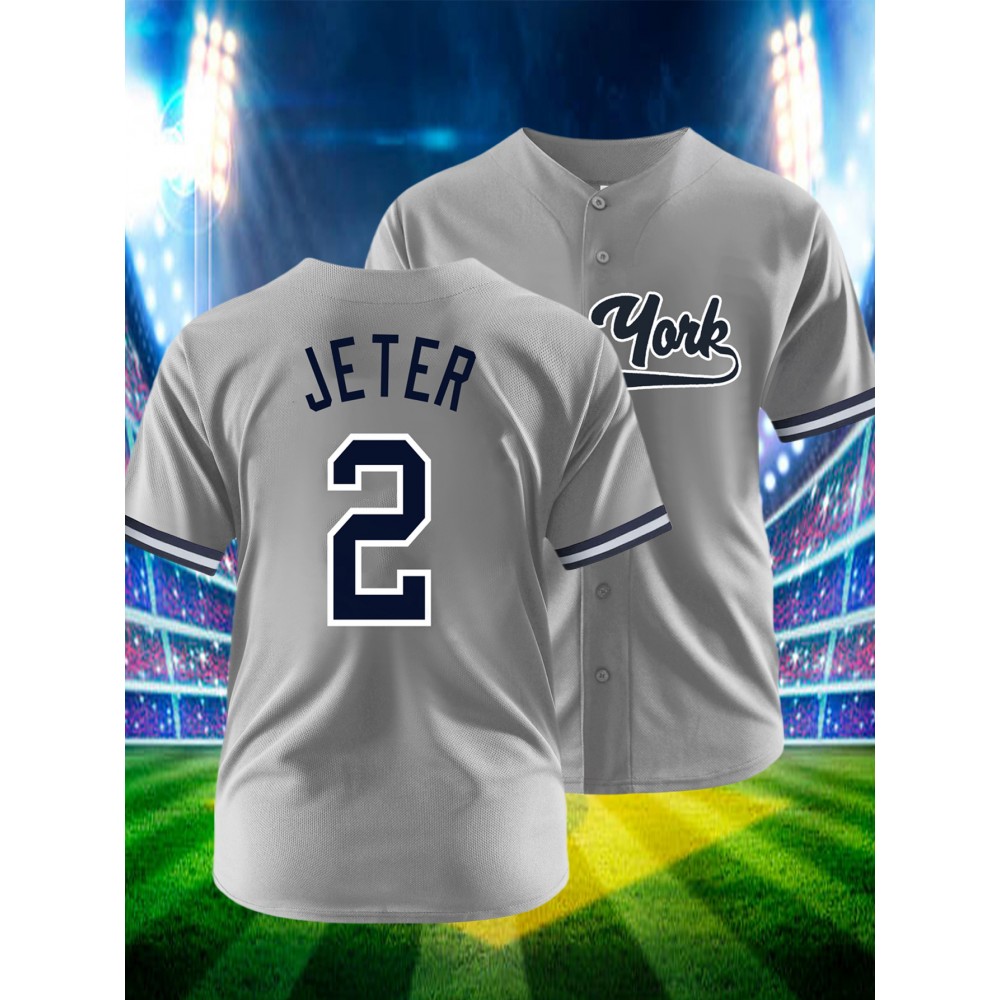 Men's Grey #2 Baseball Shirt with YORK Embroidered Logo - Button-Up V-Neck Loose Fit Breathable Jersey for Training, Competition & Casual Wear - All-Season Sportswear for Men & Teens, Baseball Jersey, Durable Sportswear