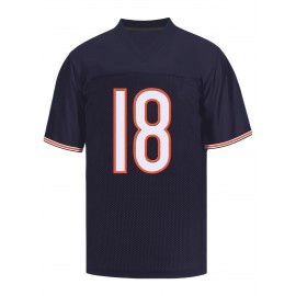 Men's #18 Embroidered Dark Blue Rugby Jersey - Breathable, Casual & Stylish V-Neck Sports Top for All Seasons