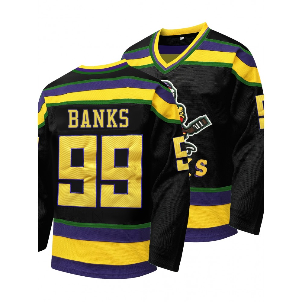Men's Black #99 Duck Style Ice Hockey Jersey - Embroidered, Breathable Polyester, V-Neck Captain's Sweatshirt with Striped Accents, Casual & Sporty for All Seasons