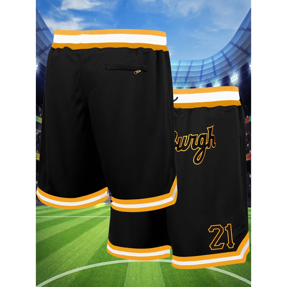 Men's Black # 21 Basketball Shorts, Classic Letter Embroidery Design, Breathable Button Style Short Sleeved Shirt, Suitable For Training And Competition
