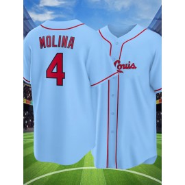 Men's Retro Embroidered Baseball Jersey - Breathable Button-Up V-Neck #4 Light Blue & Red Trim, Loose Fit for Training, Games & Casual Wear, All-Season Machine Washable Sportswear