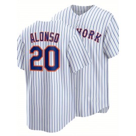 Men's White & Blue Striped Baseball Shirt with ALONSO #20 Embroidery - Breathable Loose Fit V-Neck Button-Up for Casual Streetwear, Sports & Outdoor Activities - Machine Washable All-Season Comfort, Breathable Fabric
