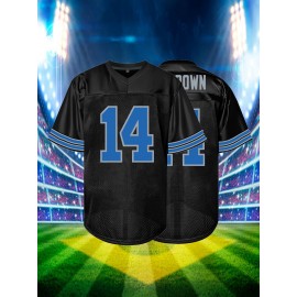 Men's Black #14 Embroidered Rugby Jersey - Loose Fit, Breathable V-Neck Sports Top with Striped Sleeves, Casual Streetwear for Fans & Players, Casual Sportswear | Relaxed Fit Jersey | Durable Sportswear