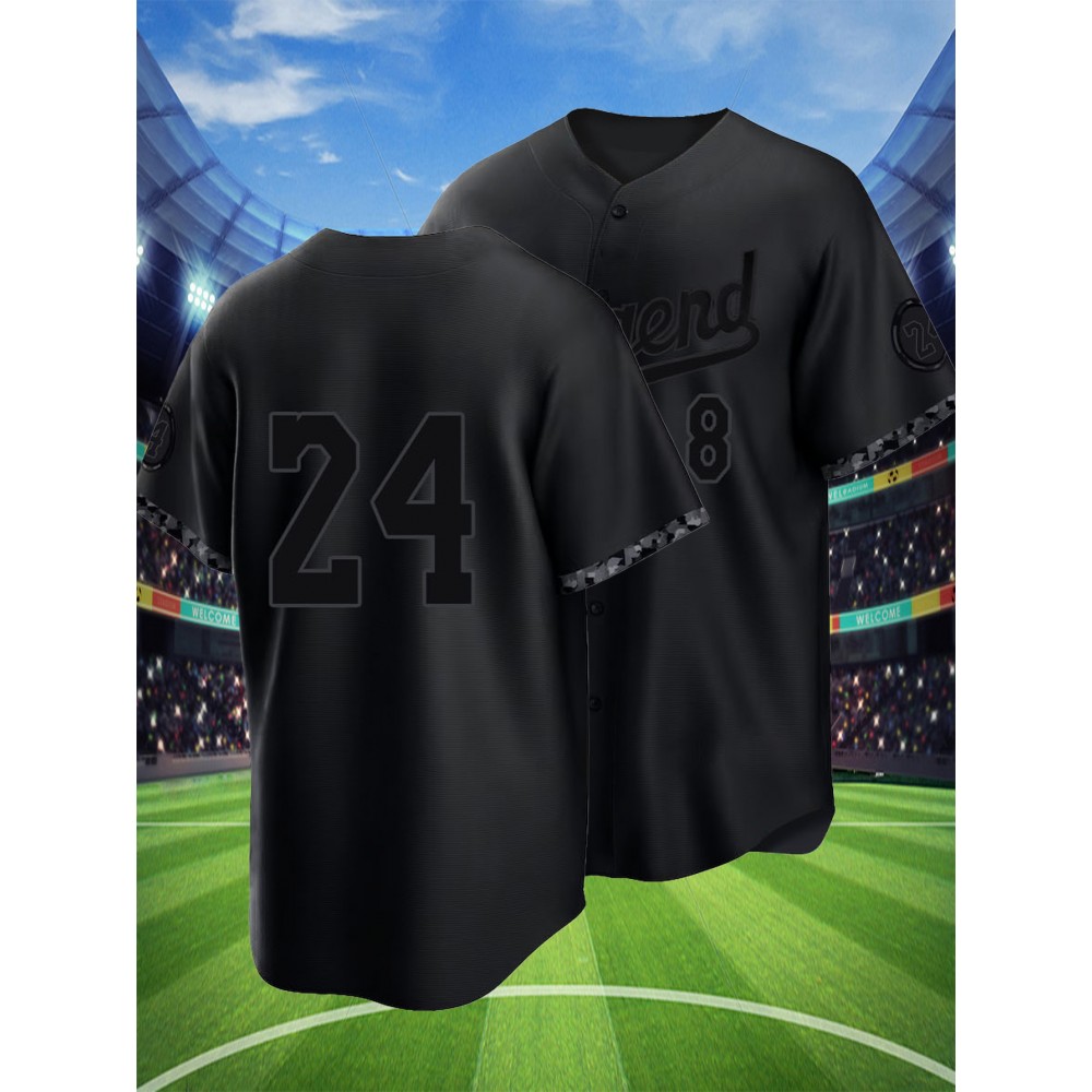 Men's Black #8-24 Baseball Shirt - Classic Letter Embroidery Design, Button-Up V-Neck, Loose Fit Breathable Fabric for Training, Competition & Casual Wear - All-Season Sportswear for Men & Teens, Baseball Jersey, Durable Sportswear