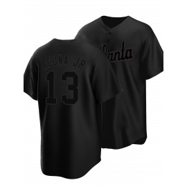 Men'S Black # 13 Baseball Shirt, Classic Letter Embroidery Design, Breathable Button Style Short Sleeved Shirt, Suitable for Training And Games