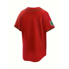 Men'S Polyester Baseball Jersey, Embroidered 'MEXICO' Lettering, V-Neck, Slight Stretch, Loose Fit, for Casual & Athletic Wear, Four Seasons Sports Shirt for Adults & Teens