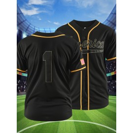 Men's #1 Black Baseball Jersey - Classic Embroidered Letter Design, Breathable Button-Up Short Sleeve Shirt for Training & Competition