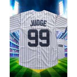 Men'S Black And White Striped # 99 Baseball Shirt, Classic Letter Embroidery Design, Breathable Button Style Short Sleeved Shirt, Suitable for Training And Games