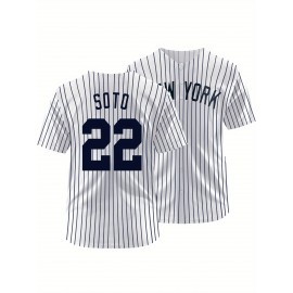 Men'S Black And White Striped # 22 Baseball Shirt, Classic Letter Embroidery Design, Breathable Button Style Short Sleeved Shirt, Suitable for Training And Games