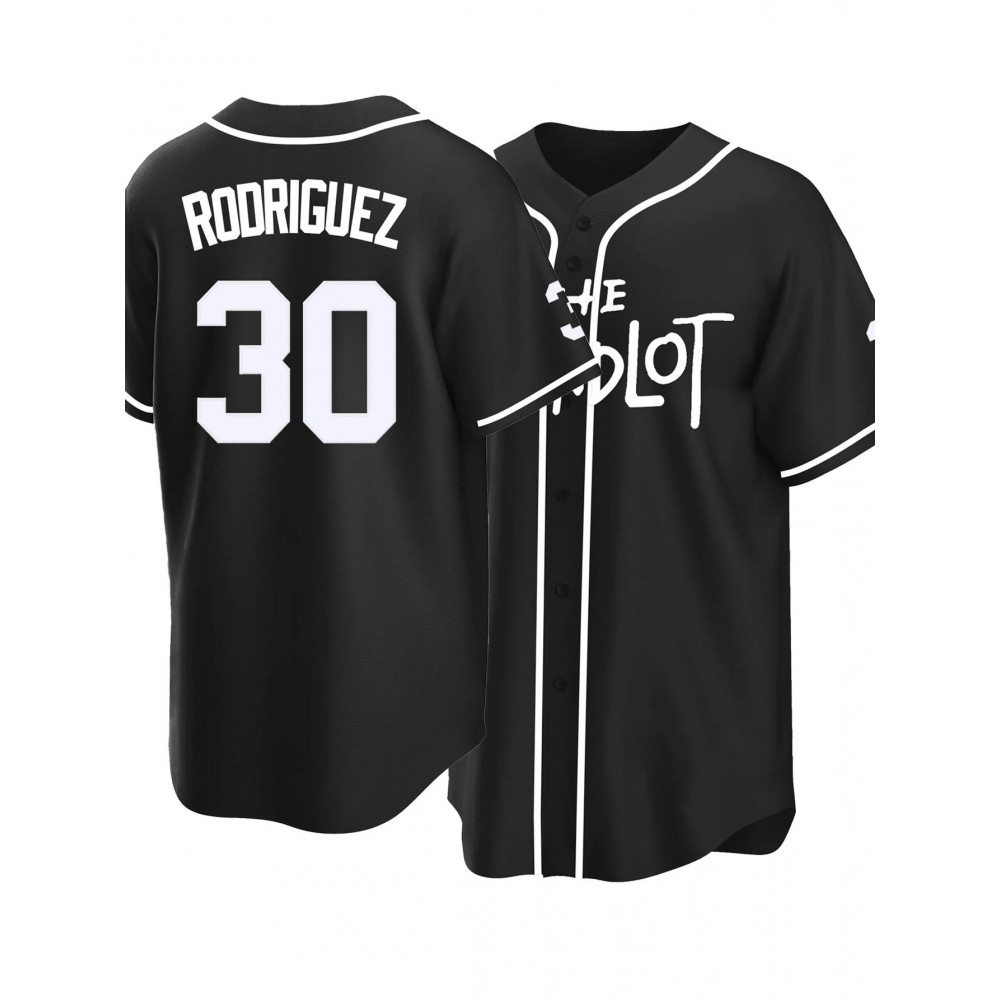 Men's Black #30 Baseball Jersey with RODRIGUEZ Embroidery - Breathable Button-Up V-Neck Shirt, Loose Fit for Training, Games & Casual Wear - All-Season Sportswear for Men & Teens, Outdoor Activity Shirt | Striped Baseball Shirt | Durable Embroidery