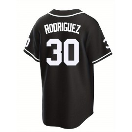 Men's Black #30 Baseball Jersey with RODRIGUEZ Embroidery - Breathable Button-Up V-Neck Shirt, Loose Fit for Training, Games & Casual Wear - All-Season Sportswear for Men & Teens, Outdoor Activity Shirt | Striped Baseball Shirt | Durable Embroidery