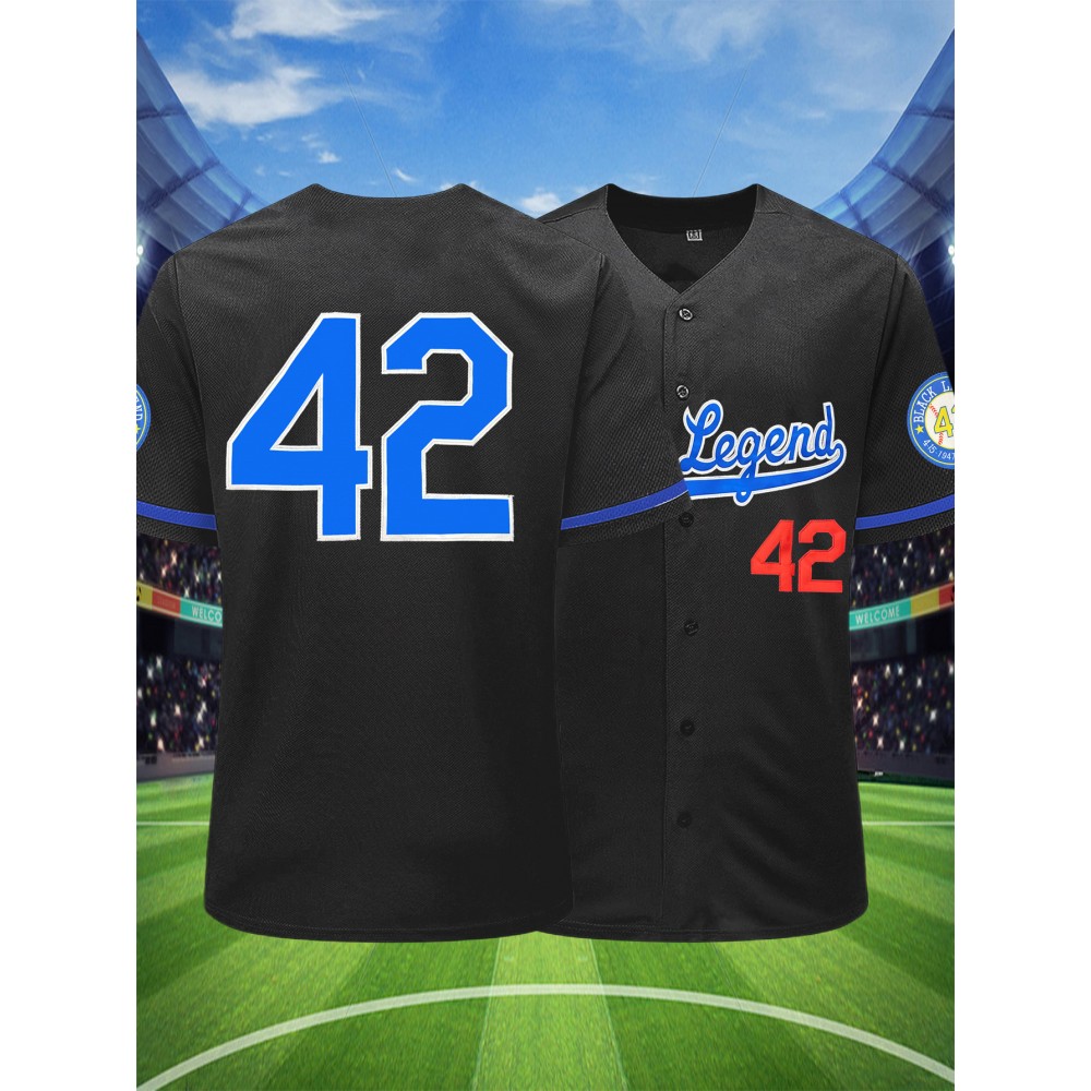 Men's Black #42 Baseball Jersey - Classic Lettering & Number 42 Design, Breathable Button-Up V-Neck Short Sleeve Shirt, Loose Fit for Training, Competition, Casual Wear & Outdoor Activities (All-Season Comfort), Comfortable Athletic Wear