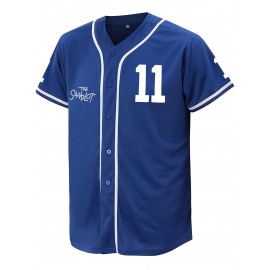 Men'S Blue # 11 Baseball Shirt, Classic Letter Embroidery Design, Button style Short Sleeve Breathable Shirt, Training and Competition Category: Men'S Baseball Shirt