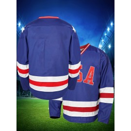 Men's Blue Ice Hockey Sports Shirt, Loose Embroidered Long Sleeves, Sporty, Fashionable And Casual, Breathable On The Street