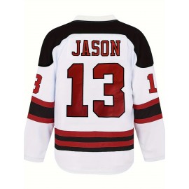 Men's #13 Jason Embroidered Ice Hockey Jersey - White & Red Striped Retro Classic V-Neck Sweatshirt, Breathable Polyester, Perfect for Sports, Casual Streetwear & Fan Events, Hockey Stocking Stuffers