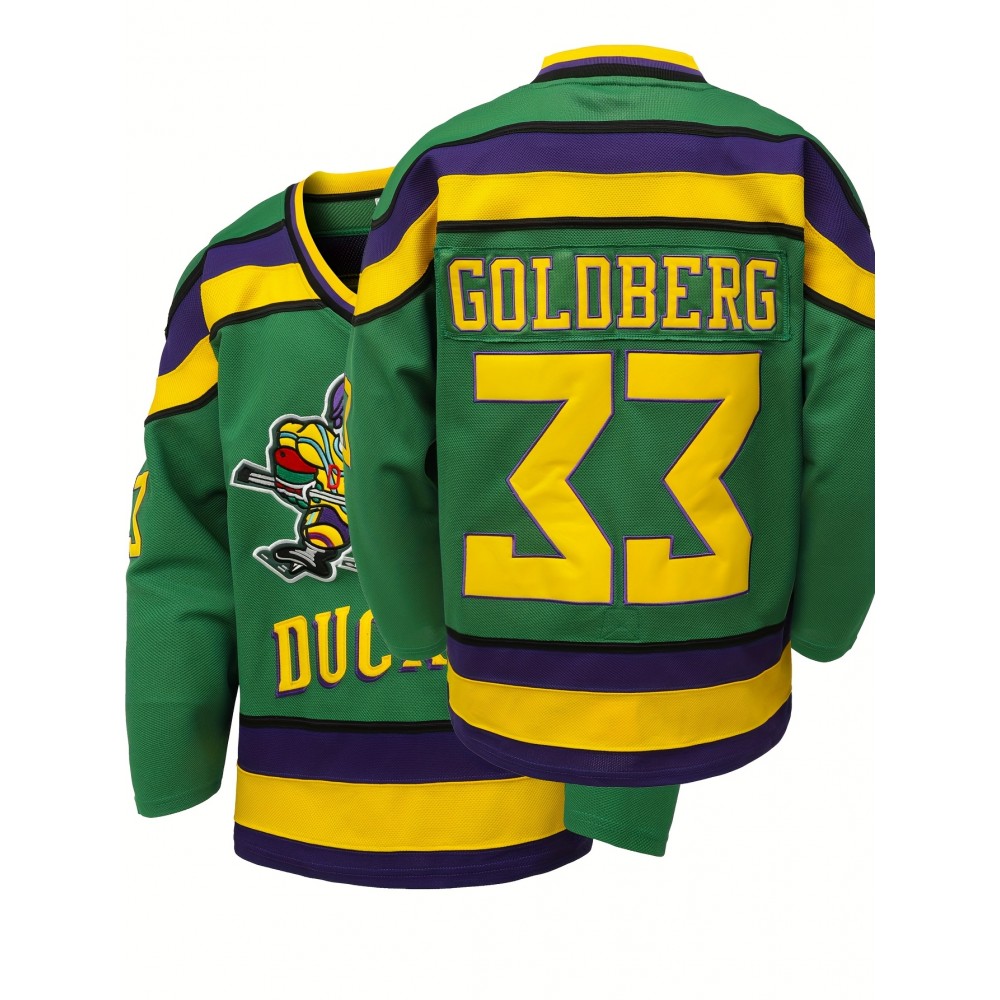 Men's #33 Green Ice Hockey Jersey - Breathable, Embroidered Long Sleeve V-Neck Sweatshirt for Sports & Casual Wear