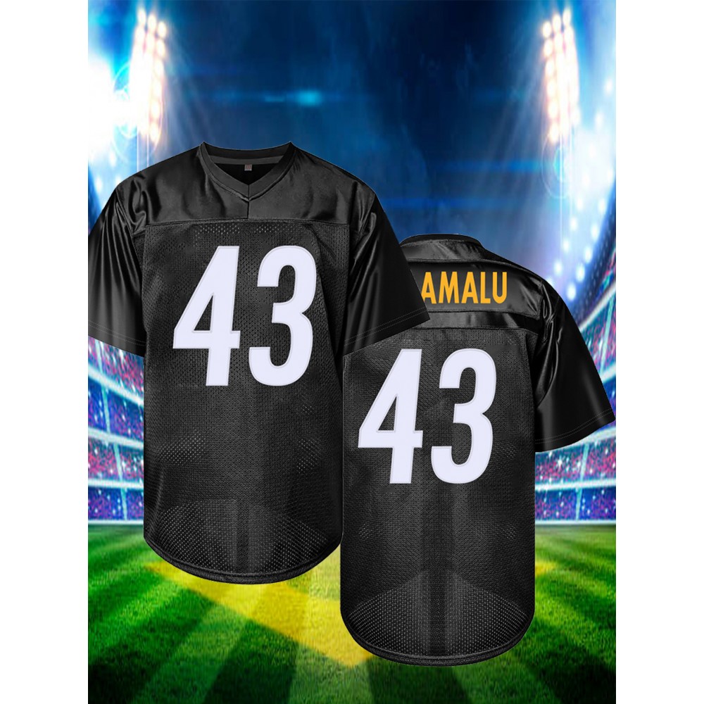 Men'S Black # 43 Rugby Shirt with Loose Embroidered Sports, Fashionable, Casual, Street Breathable Rugby Top