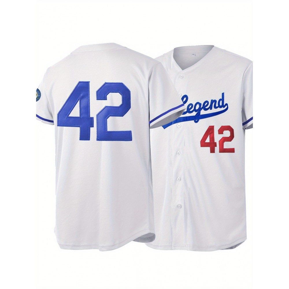 Men'S White # 42 Baseball Shirt, Classic Letter Embroidery Design, Button Style Short Sleeved Breathable Shirt, for Training And Competition Use