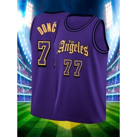Men's Purple #77 Basketball Jersey - Embroidered DONČ & Los Angeles Letters, Breathable Loose Fit Sportswear for All Seasons, Casual Streetwear & Outdoor Activities, Machine Washable Round Neck Pullover, Basketball Shirt
