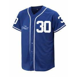 Men'S Blue # 30 Baseball Shirt, Classic Letter Embroidery Design, Button style Short Sleeve Breathable Shirt, Training and Competition Category: Men'S Baseball Shirt