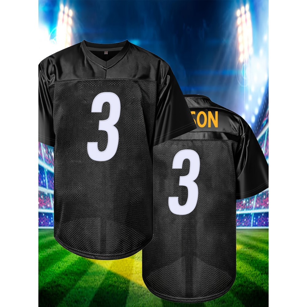 Men'S Black # 3 Rugby Jacket Loose Embroidered Sports, Fashionable, Casual, Street Breathable Rugby Top