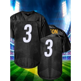 Men'S Black # 3 Rugby Jacket Loose Embroidered Sports, Fashionable, Casual, Street Breathable Rugby Top