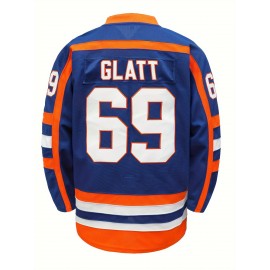 Men's #69 Blue & Orange Ice Hockey Jersey - Embroidered Long Sleeve, Loose Fit V-Neck, Breathable Polyester Fabric for Sports, Casual Wear, and Team Activities, Novelty Hockey Shirt | Embroidered Sports Top | Comfortable Fit, Hockey Stocking Stuffers