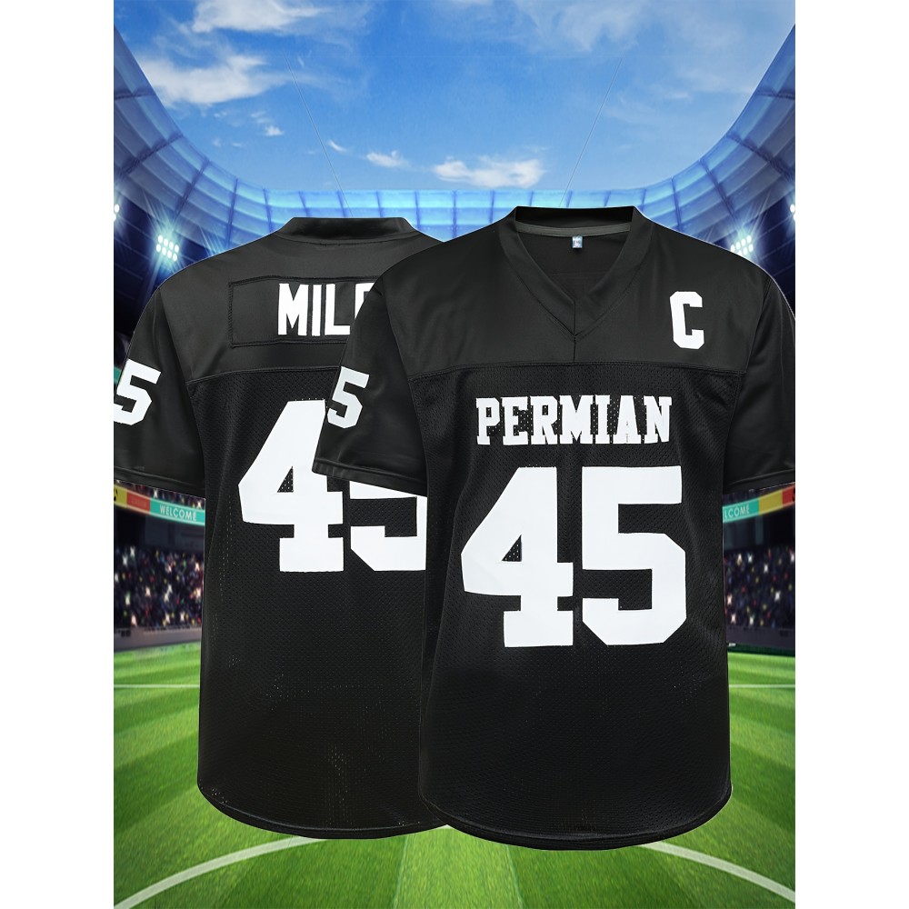 SheLucki Men'S Polyester #45 Embroidered Sports Jersey, Casual & Training V-Neck Rugby Shirt, Breathable, Slight Stretch, Loose Fit, for Daily, Running, Hiking, Outdoor Activities, Adult & Teen, Four Seasons Wear