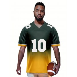 Men's Green Bay #10 Polyester Green Football Jersey, Men Gradient V-Neck Sports Shirt With Slight Stretch, Breathable Casual Knit Fabric For All Seasons, Loose Fit Adult & Teen, Fans Gift Men Youth