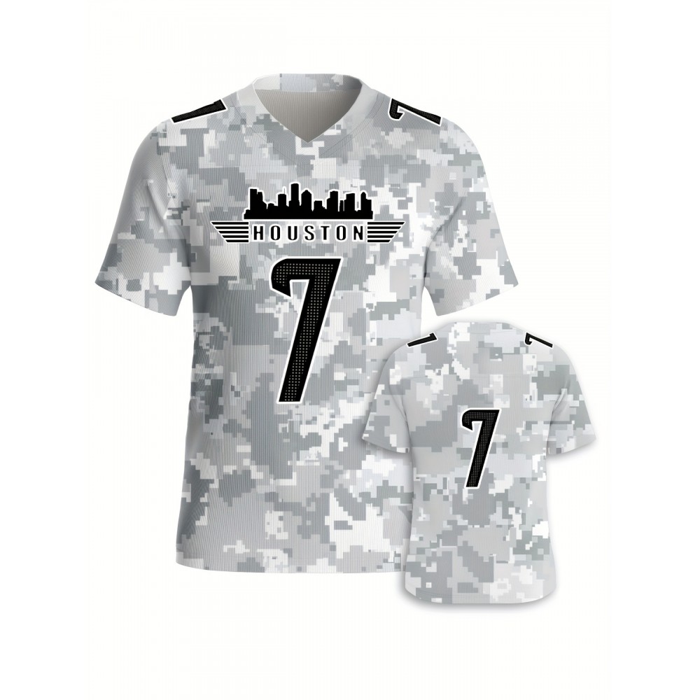 Men's Arctic Camo Houston #7 Polyester Football Jersey, Men V-Neck Sports Shirt With Slight Stretch, Breathable Casual Knit Fabric For All Seasons, Loose Fit Adult, Fans Gift Men, For Training Competition Festival Party Outdoor Sports