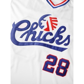 Men's #28 White Baseball Jersey - Breathable Embroidered Polyester, V-Neck & Button Closure, Loose Fit for Team Sports, Casual Outings, and Training, Sizes S-XXXL