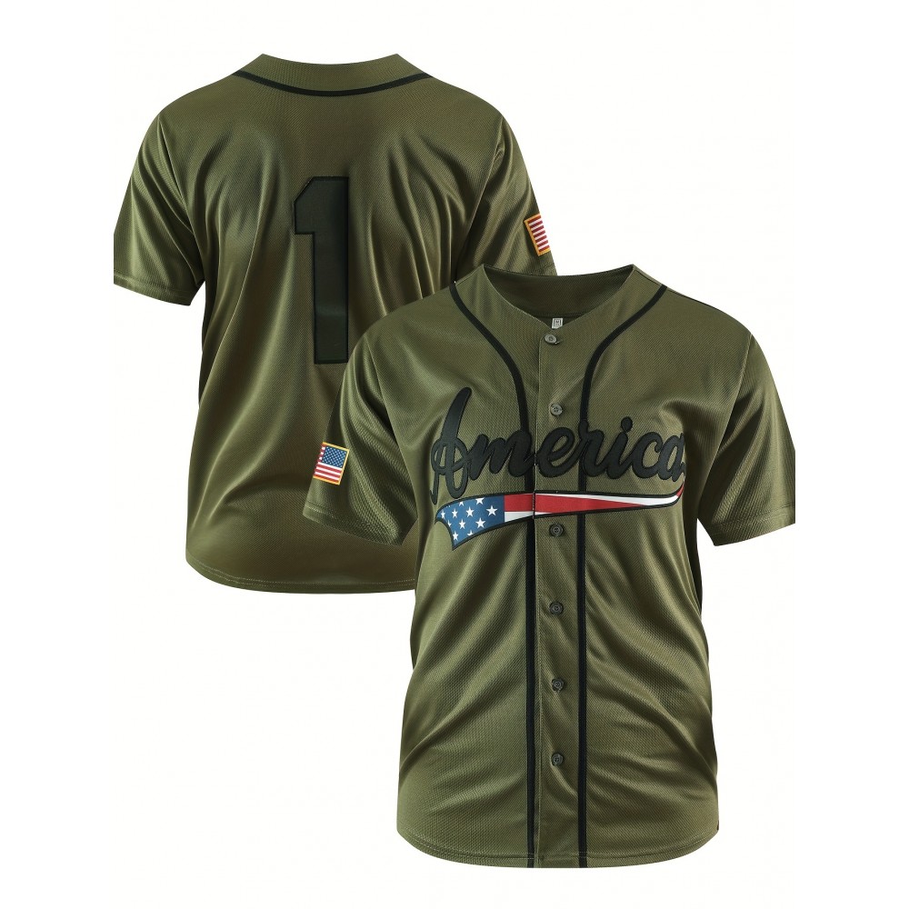 Men's Army Green #1 Baseball Jersey Loose Embroidery Sporty, Fashionable, Casual, Breathable On The Street